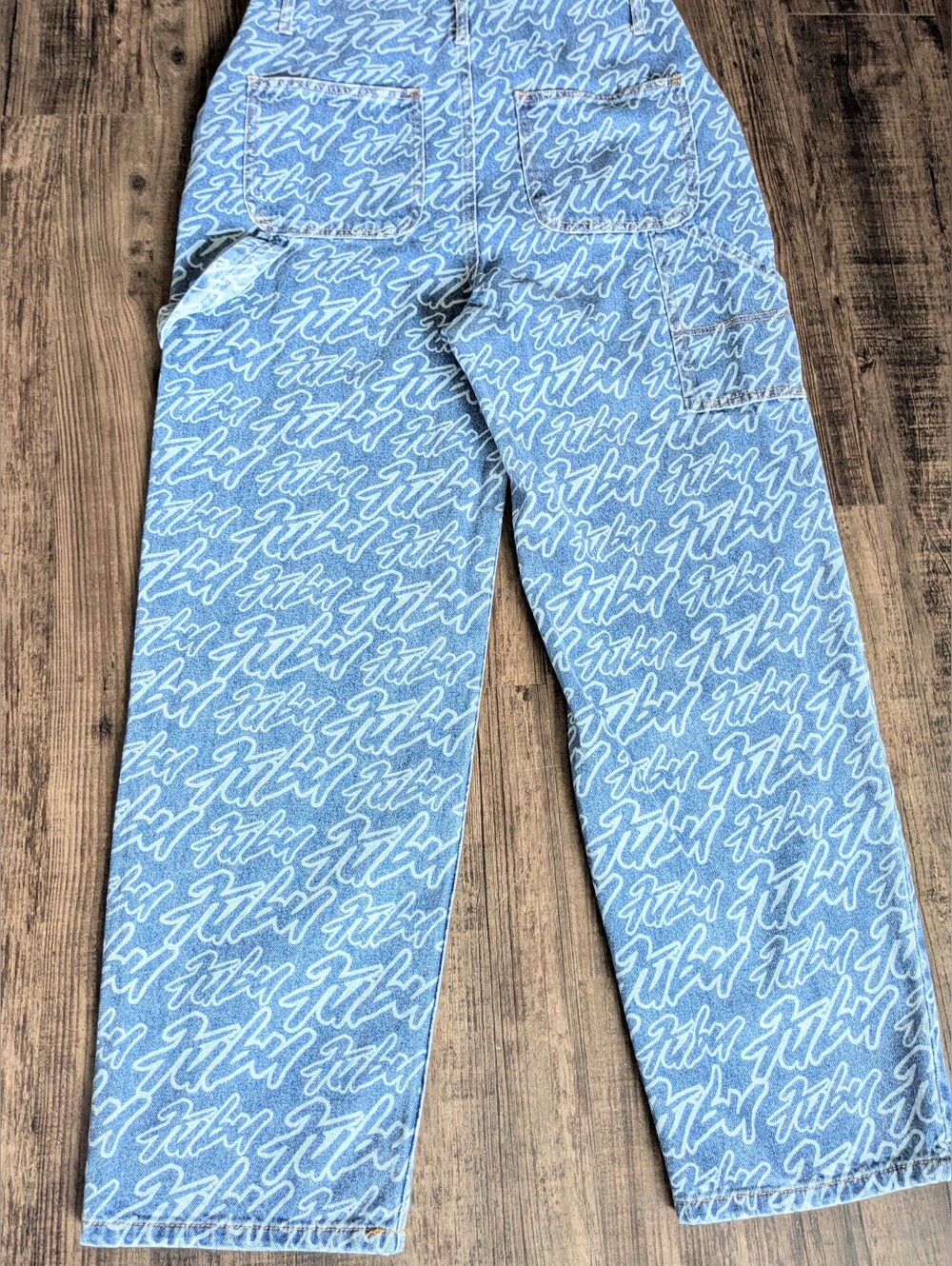 FUBU Logo Print Denim Overalls Blue Orange 2022 F21 Collab - Picture 6 of 14